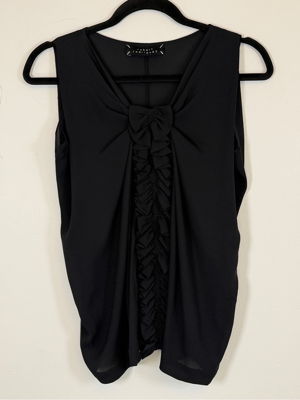 Robert Rodriguez 100% Silk Black Sleeveless Ruffle Bow Blouse V Neck Ruched M